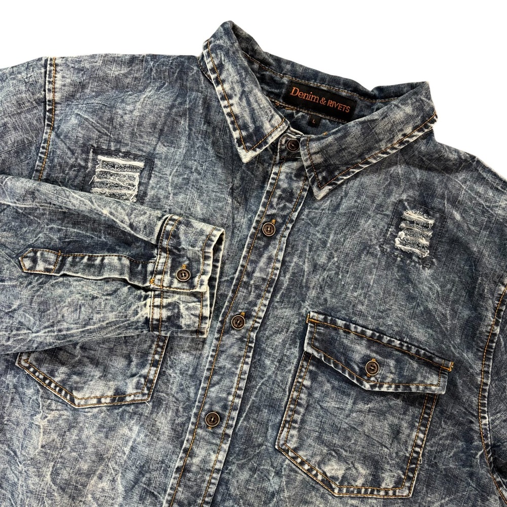 Denim & Rivets Mens Large Acid Wash Distressed Denim Button Down Shirt‎ Blue L